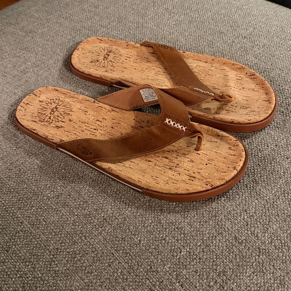 UGG Braven Cork and Brown Leather Flip Flops - Picture 3 of 6